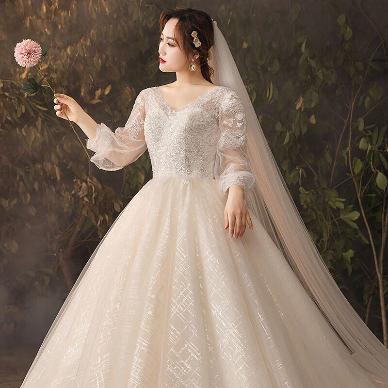 主婚纱特大码婚纱新娘拖尾豪华胖妹妹 mm20冬天穿的 浅香槟色齐地款 m