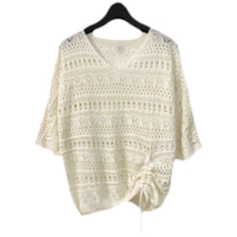 纤晟伊2022夏季新款洞洞衫镂空针织衫女士薄款抽绳蝙蝠衫连衣两装 米