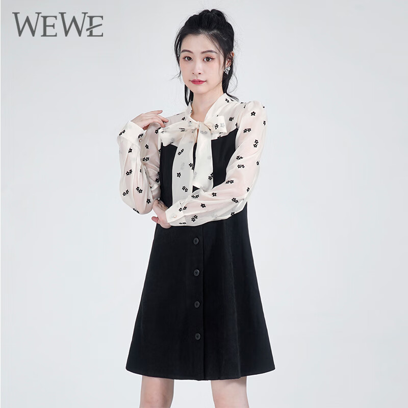 wewe唯唯秋季新款女装温柔气质印花拼接时尚连衣裙通勤优雅a字裙 黑色