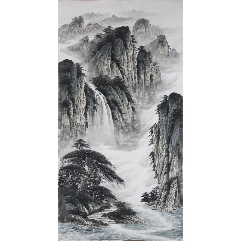 字画国画 书画作品 未落款装裱四尺竖幅 竖山水9 流水生财 136*70cm画