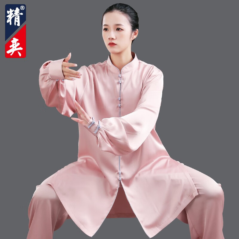 精奕太极服女新款高端飘逸撞色菠萝扣中国风春夏中老年晨练服太极拳练功服男武术表演服比赛服秋冬季套装四季 粉色灰边 M