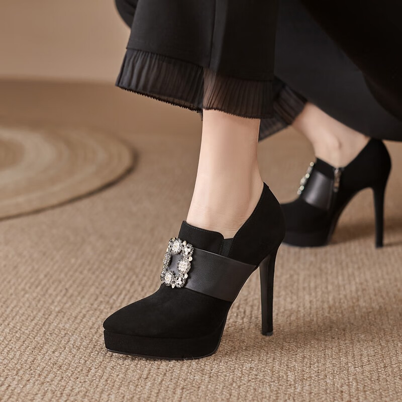 百丽高跟单鞋女深口细跟女鞋羊皮防水台尖头时装鞋性感气质女式皮鞋