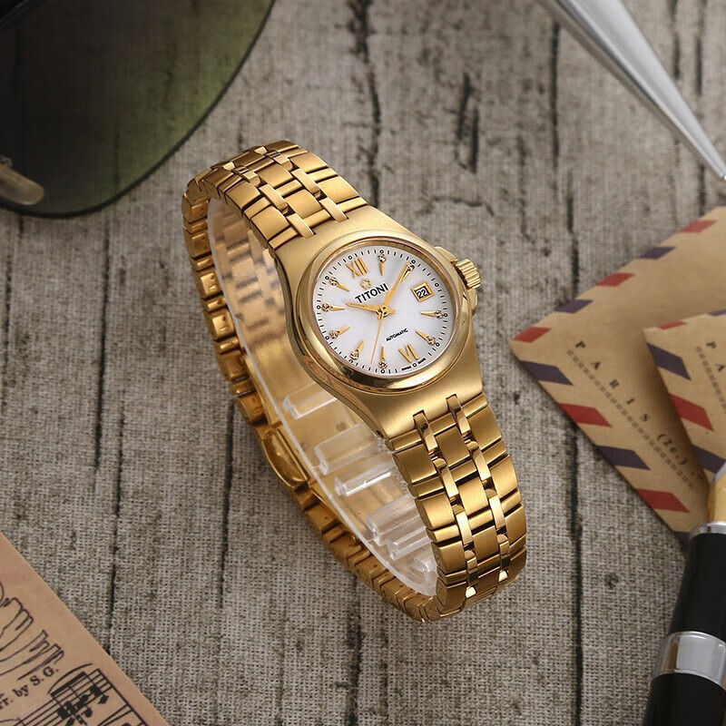 梅花(titoni)动力系列女士机械表23730g-271休闲商务女表金色钢带银盘