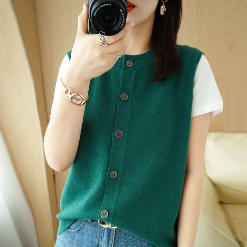 踏丽虹毛线马甲背心女开衫外穿针织女宽松羊毛圆领马夹坎肩无 祖母绿