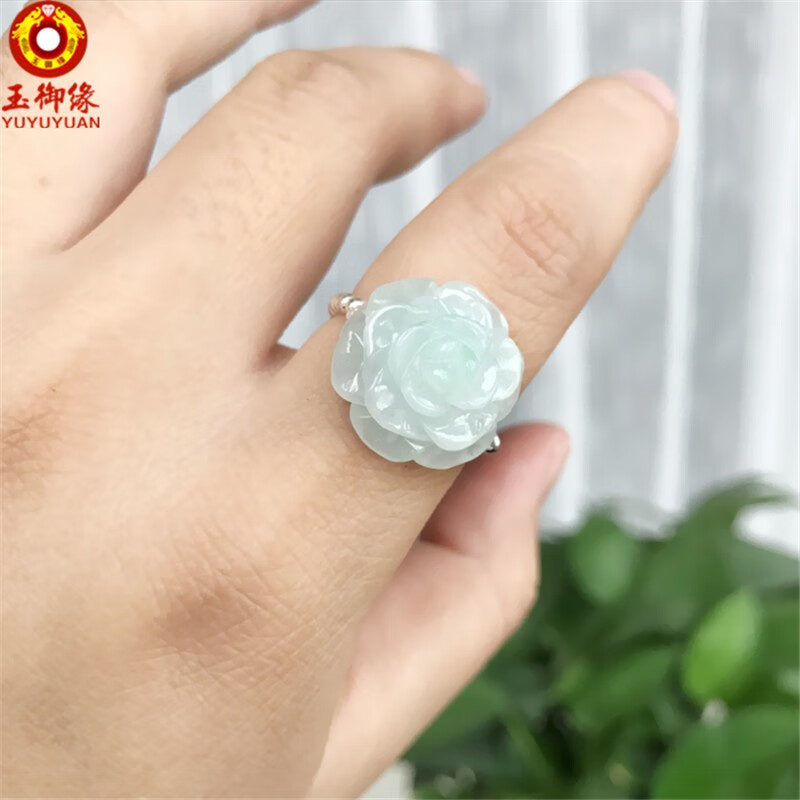 玉御缘手工编织A货缅甸翡翠玉玫瑰花朵戒指编织戒指牡丹花戒指花带证书 橙色 咖绳款