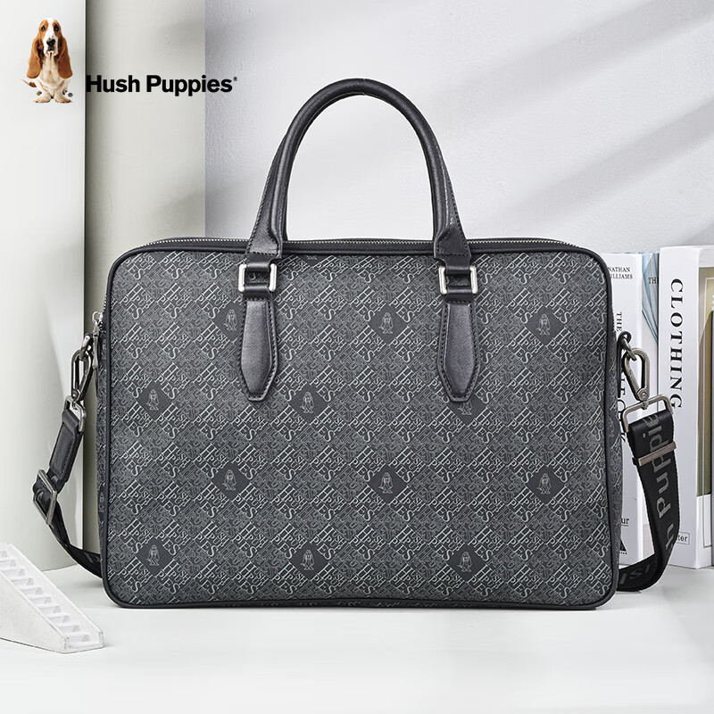 暇步士(hush puppies)男士公文包简约商务印花横款手提包大容量pvc单