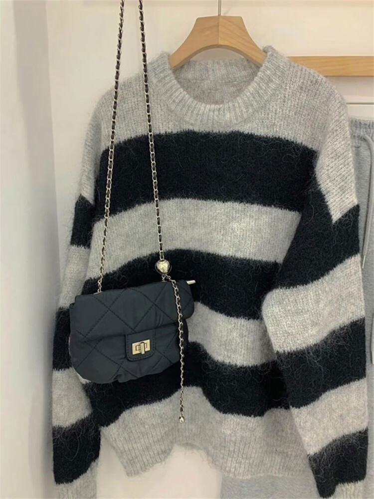 踏丽虹2023年秋冬针织衫女条纹感慵懒风宽松休闲韩版时尚百搭毛衣女