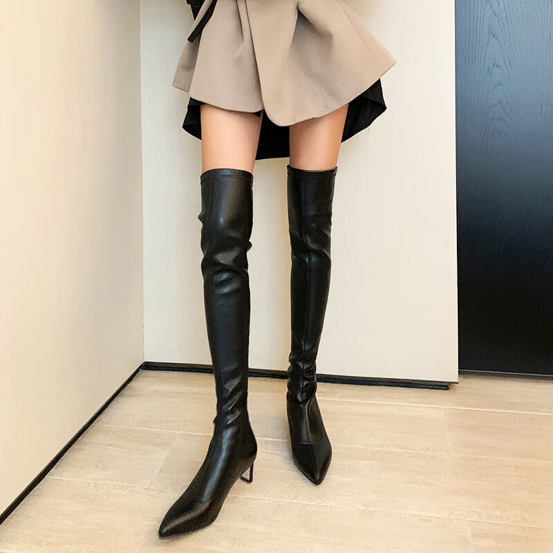 明星款过膝靴女高跟长筒靴弹力靴2021秋冬新款麂皮绒加绒尖头长靴大腿