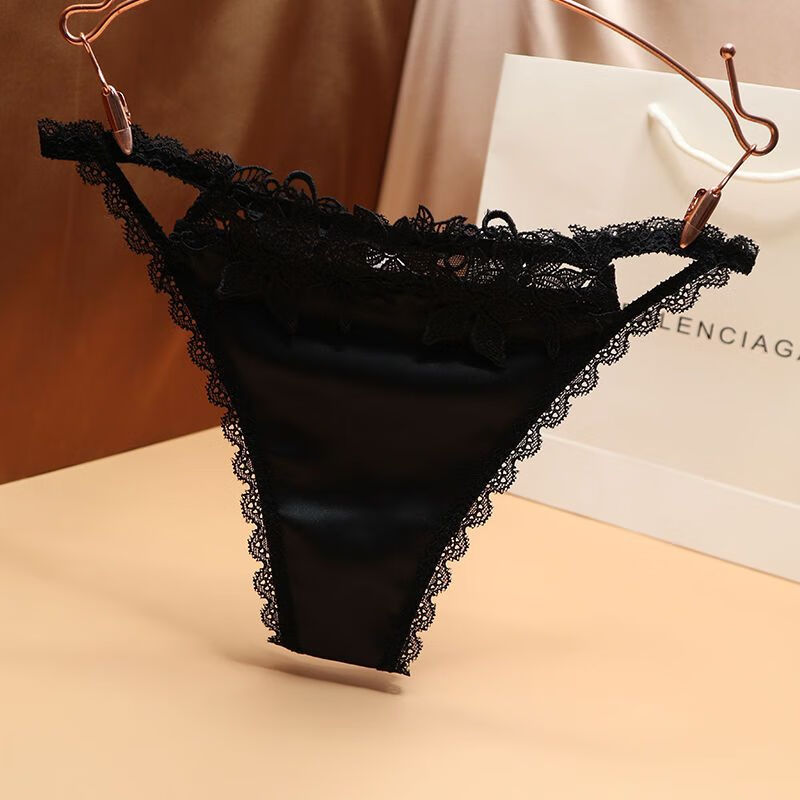 丁字裤女性感内裤水溶蕾丝绣花冰丝细带网纱t裤低腰无痕火辣裤衩 黑色