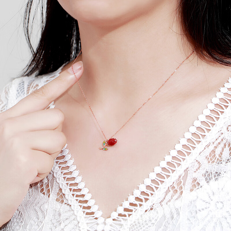 花吊坠彩金au750玫瑰金古法黄金项链女士套链锁骨链延长链首饰送女友