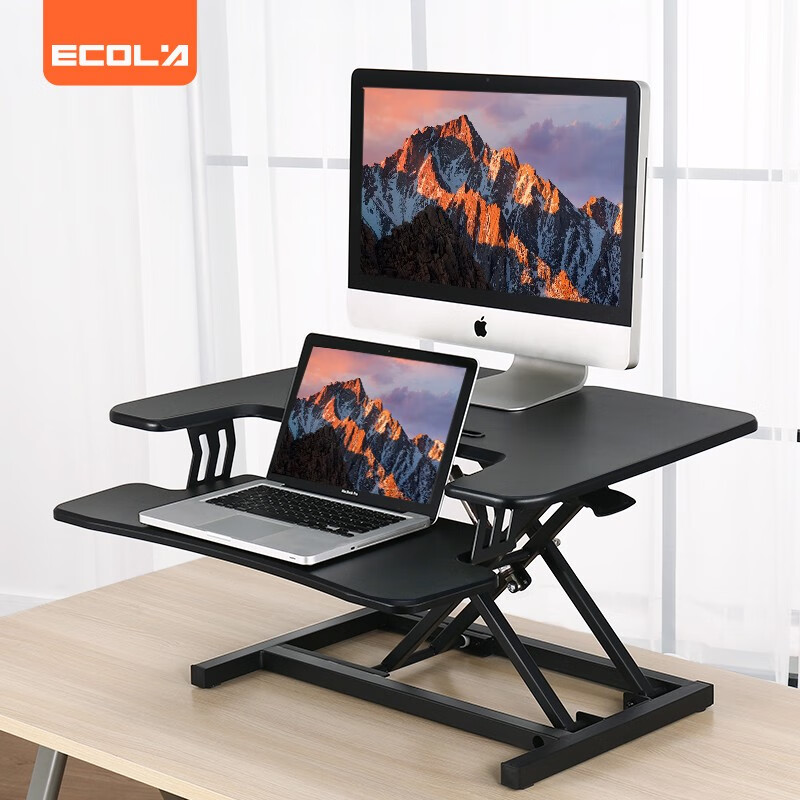 宜客莱（ECOLA） 站立办公升降台式电脑桌 加厚双台面无级升降办公桌书桌折叠桌显示器升降台 D005BK 黑色