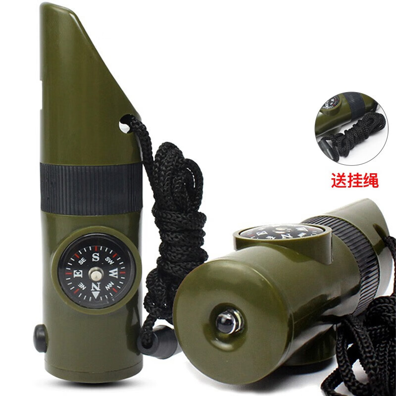 JAJALIN 户外七合一救生口哨指南针LED灯放大镜口哨反光镜户外用品野外生存哨子 军绿色