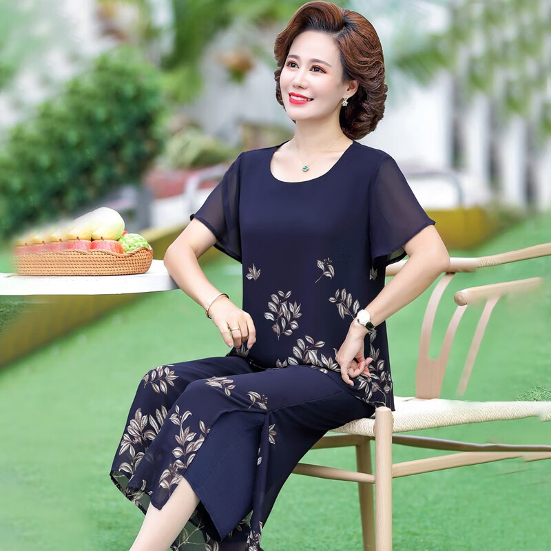 孜颜妈妈装50-60岁洋气夏装套装中老年女装短袖两件套母亲夏天衣服女 藏蓝【套装】 XL 【建议80-100斤】