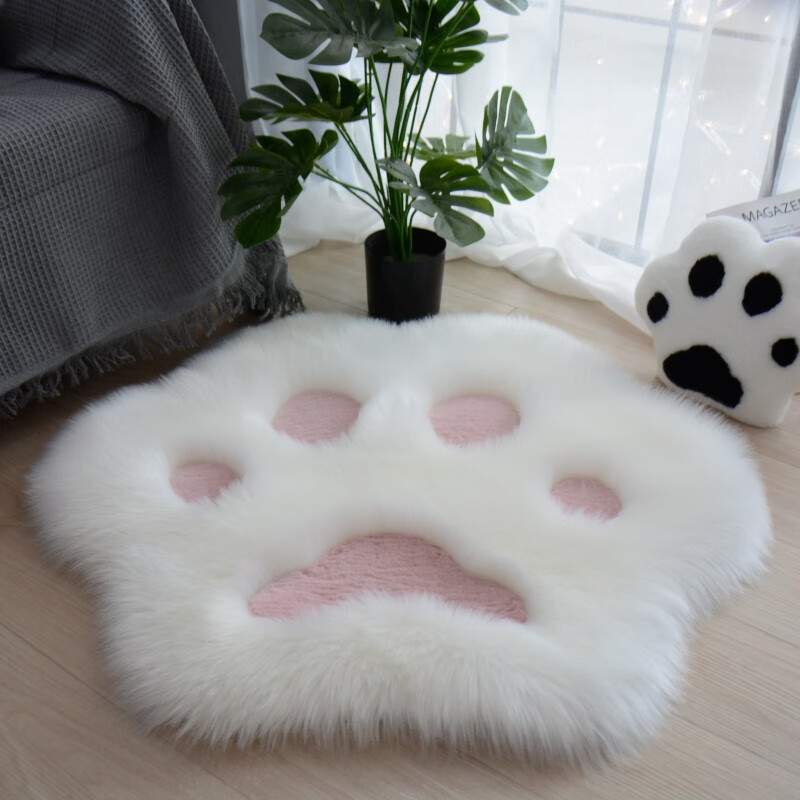 裘亿祥猫爪造型长毛绒地毯儿童房间床边地毯装饰毛毛毯网红卡通毯冬季 白+粉色 猫爪60*60cm