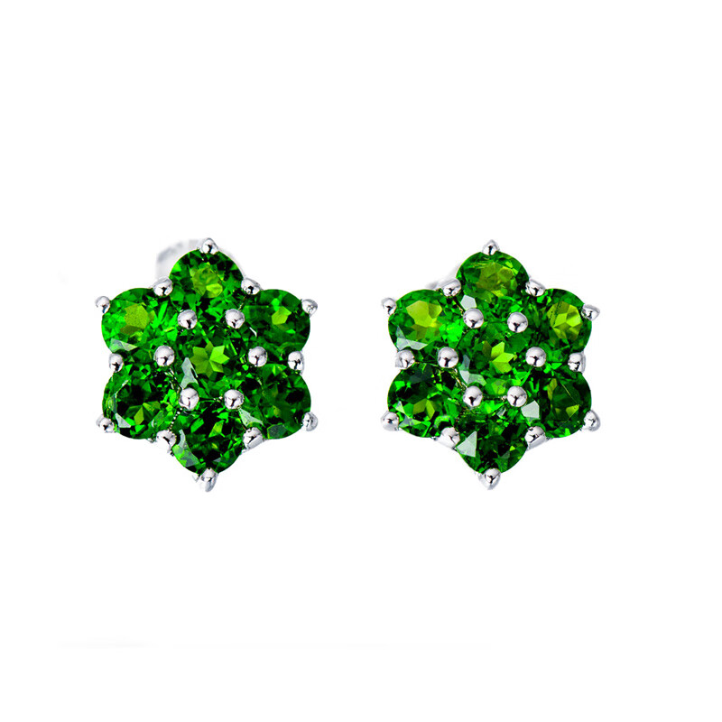 牧思 绿宝石925银耳钉 西伯利亚透辉石花朵彩宝翡翠绿碧玺耳环礼物