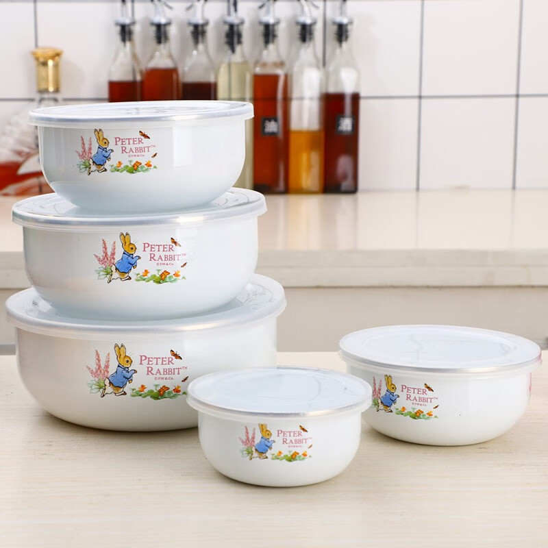 欧丽家 搪瓷五件套珐琅搪瓷碗带盖套装碗保鲜碗盒沙拉碗菜碗冰箱储物  五件套彼得兔