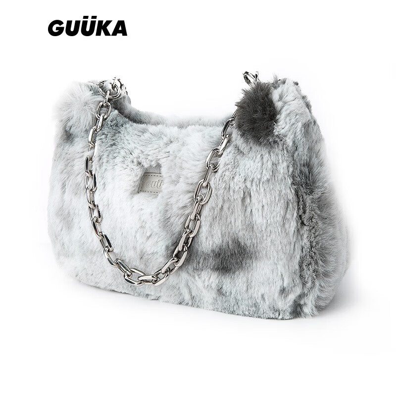 古由卡guuka灰色扎染腋下包女新款感仿兔毛手提包可调节斜挎包 灰色