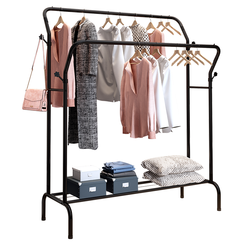 溢彩年华挂衣架落地晾衣架金属衣帽架双杆立式衣架卧室置物架衣服架子移动多功能衣架1100-BK2