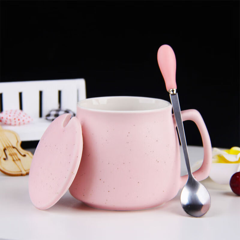 早餐杯子 陶瓷马克杯 带盖勺 创意牛奶杯 情侣咖啡杯 简约家用 办公水杯 满天星粉红色 日式杯+瓷盖精品勺