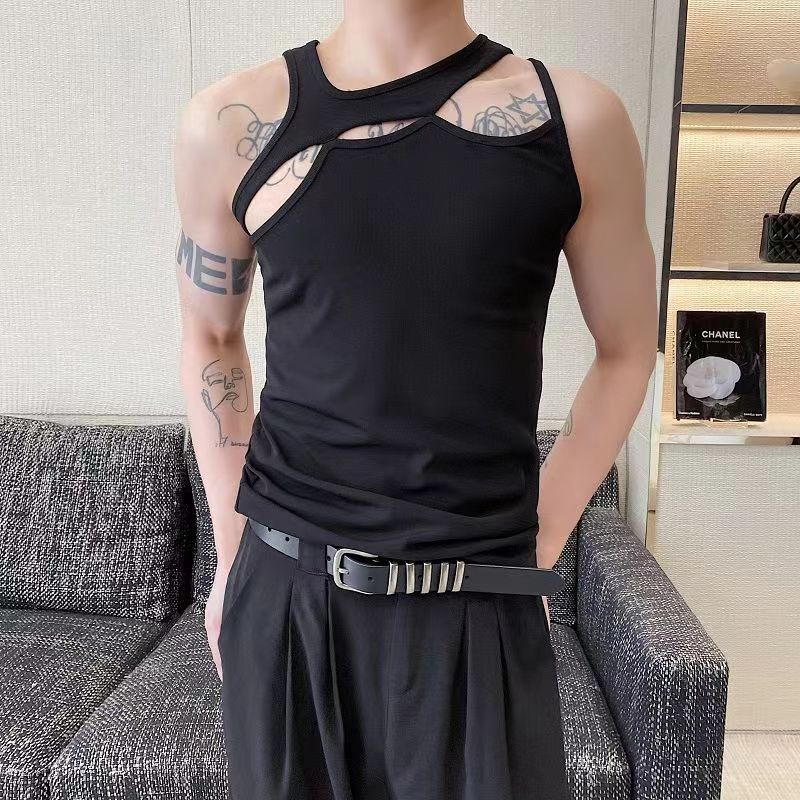 禾纾紧身t恤男个性镂空吊带背心百搭设计感性感上衣辣弟风弹力内搭打