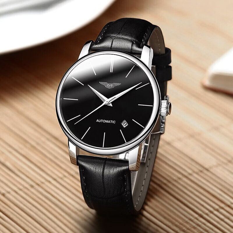 冠琴（GUANQIN）瑞士品质进口机芯手表男士机械表全自动简约薄男表商务防水腕表 白壳黑面黑皮【免费刻字】