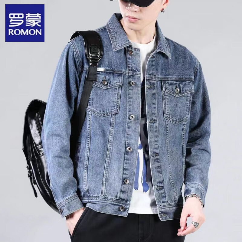 罗蒙(ROMON)男士牛仔外套春秋新款青年装宽松翻领潮工装纽扣夹克上衣 深蓝色-DY757 M建议【98-120斤】