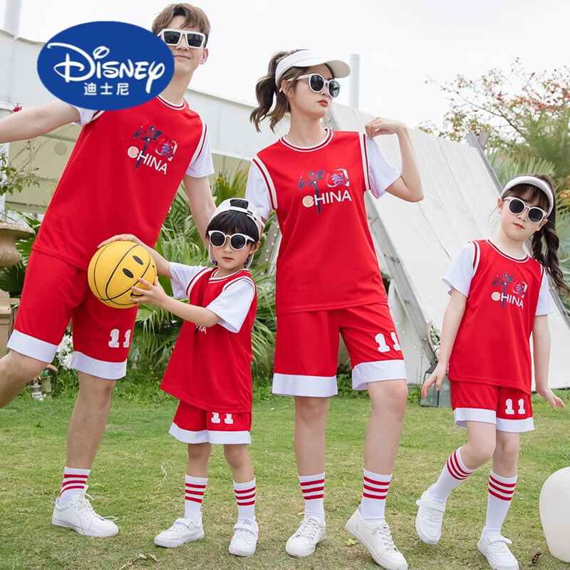 迪士尼（Disney）高端亲子装夏装一家三口四口母女装2024新款潮洋气篮球服父子套装 红色【套装】 爸爸3XL (155-170斤)