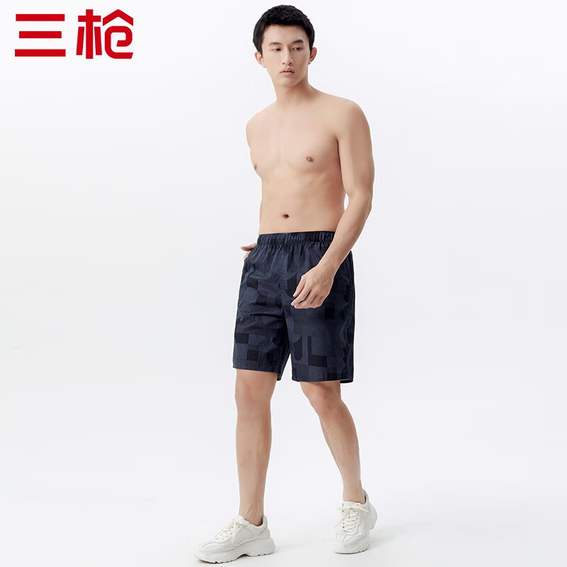 三枪夏季棉质机织布宽松中腰大码男士休闲短裤家居短裤大裤衩沙滩裤 迷幻几何 4XL /190