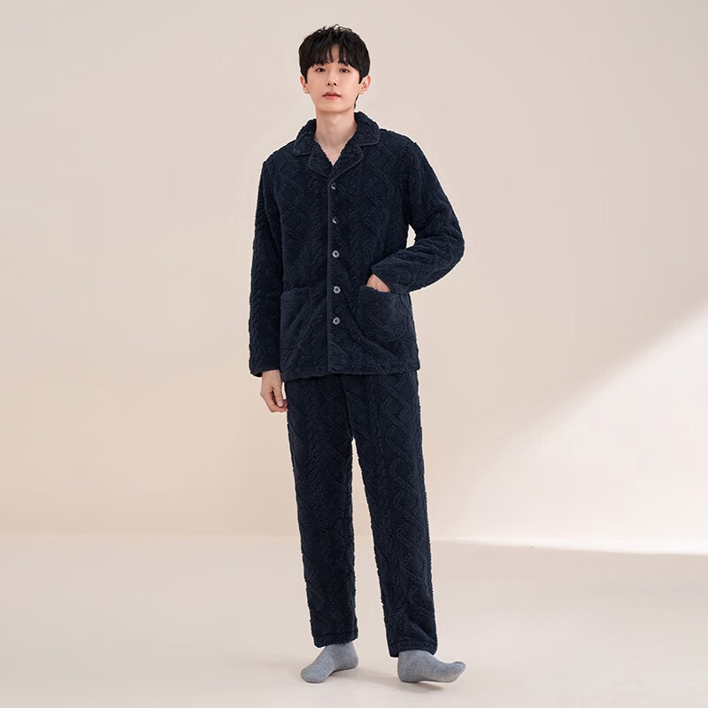 安之伴睡衣男长袖秋冬季可外穿舒适宽松版休闲青年男士家居服套装 黑兰 M