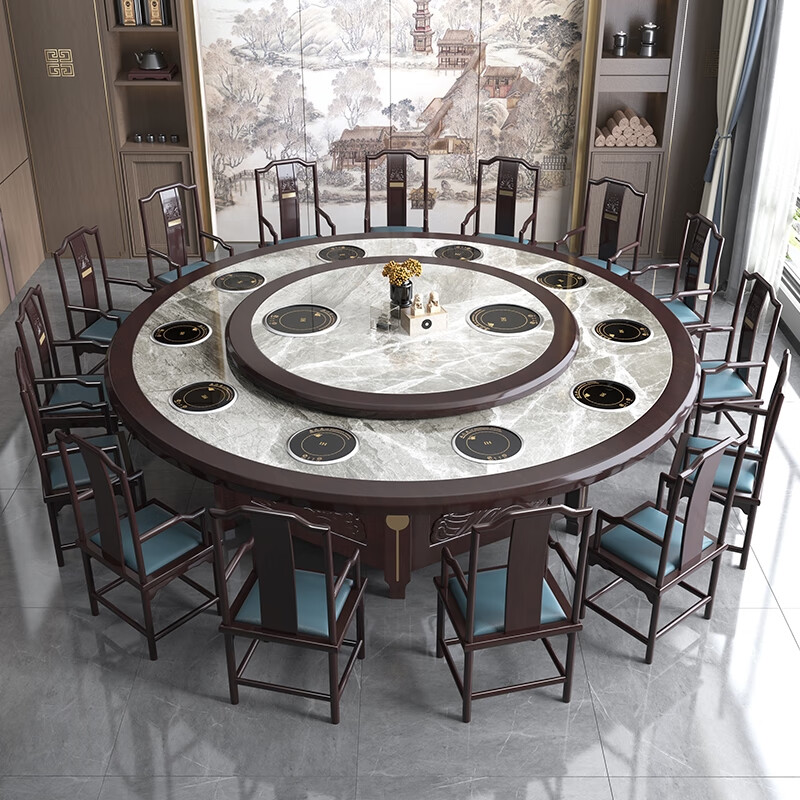 8米圆形实木岩板餐桌椅组合包厢饭桌 1.6米 手动转盘 颜色备注