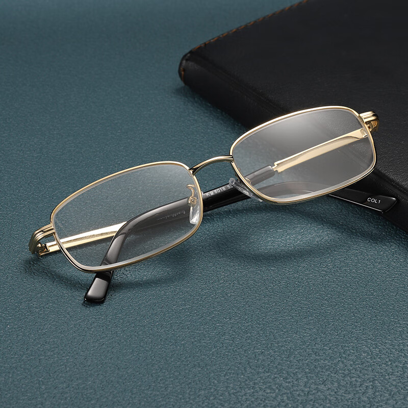 水晶老花镜全框老花眼镜时尚男女士老人眼镜老光镜带证书 金色100度