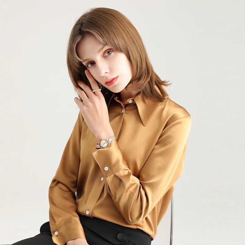 真丝素绉缎面长袖衬衫女桑蚕丝小尖领欧货2021新款法式上衣春衬衣