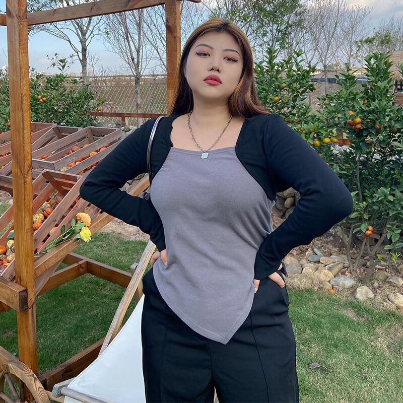显瘦t恤女撞色不规则内搭打底上衣胖女人时尚显瘦的肥婆衣服特超大号