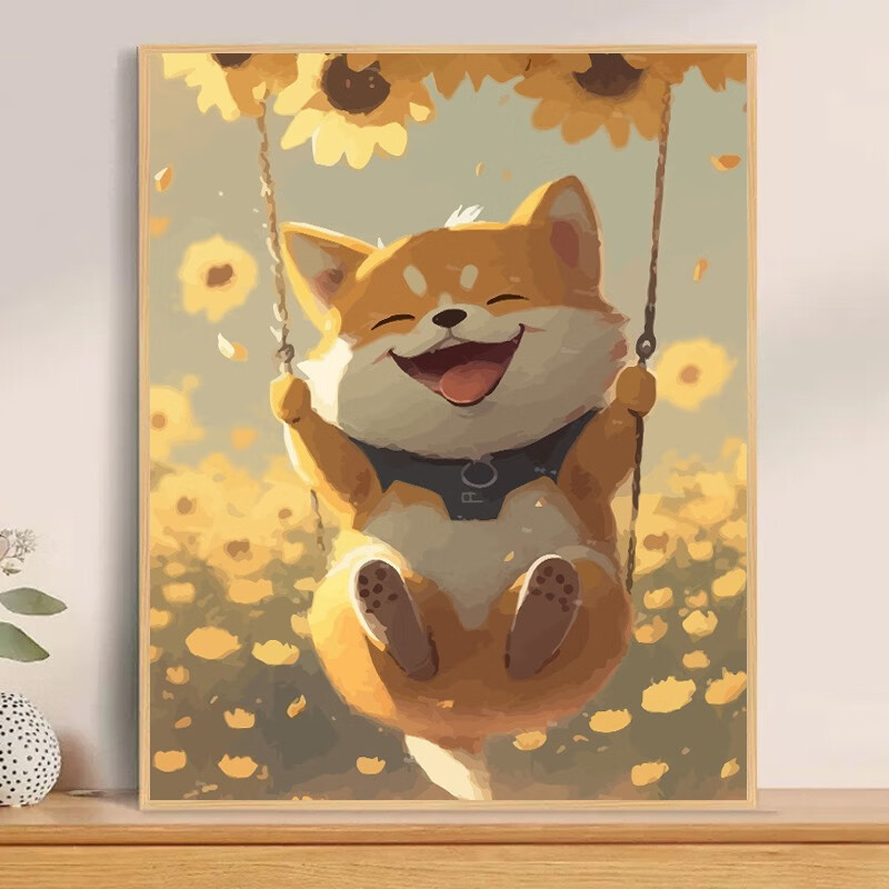 填涂色油彩画客厅装饰画动漫卡通儿童画挂画 荡秋千的柴犬【30*40cm】