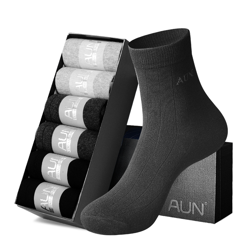 AUN愛(ài)優(yōu)恩襪子男士抗菌7A抗菌防臭商務(wù)吸汗耐磨出差襪中筒四季棉襪子 2黑黃2黑藍(lán)2黑橙= 6雙 均碼