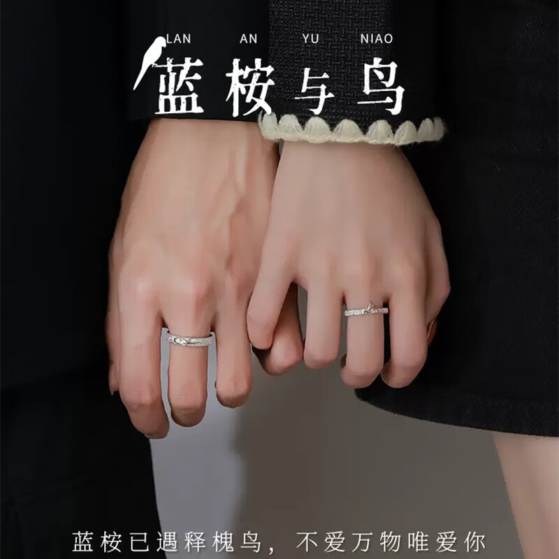 芯奢蓝桉已遇释槐与鸟情侣戒指一对开口可调节情侣指环对戒情人节礼物