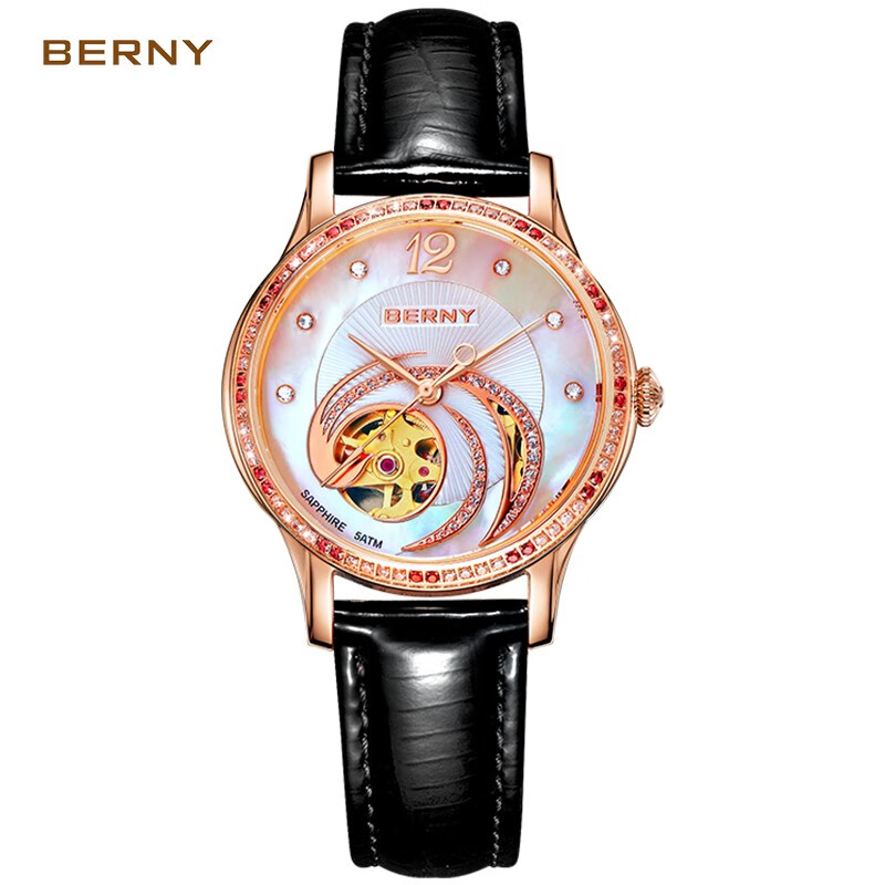 伯尼（BERNY）女生手表机械表镂空时尚镶钻简约指针女士手表礼物送情侣腕表 黑皮带AM078L-RD
