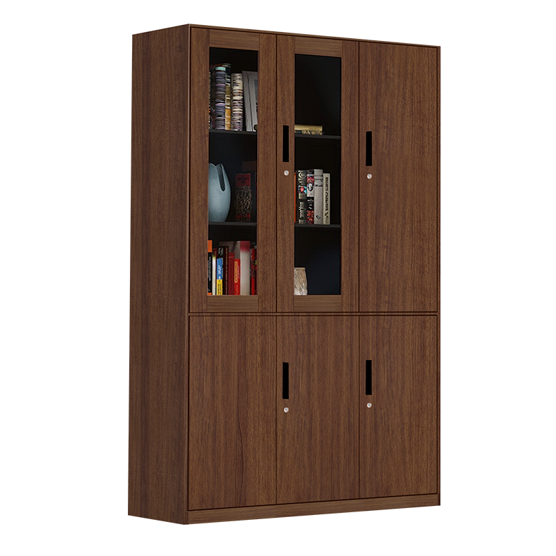 洛克菲勒鋼制辦公文件柜鐵皮柜木紋書(shū)籍柜資料柜儲物柜帶鎖矮柜鐵皮柜子 經(jīng)典胡桃木紋*六門(mén)書(shū)柜 右