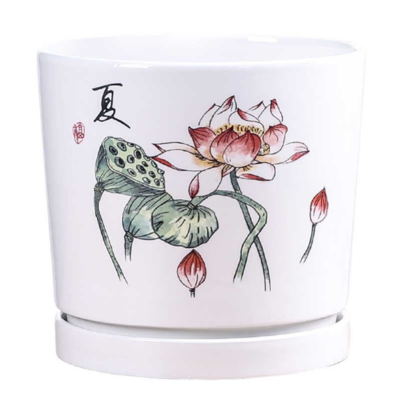 裕軒堂簡約白色花盆陶瓷高款創(chuàng)意家用帶托盤綠蘿吊蘭蝴蝶蘭多肉盆栽綠植 7129443 14厘米左右