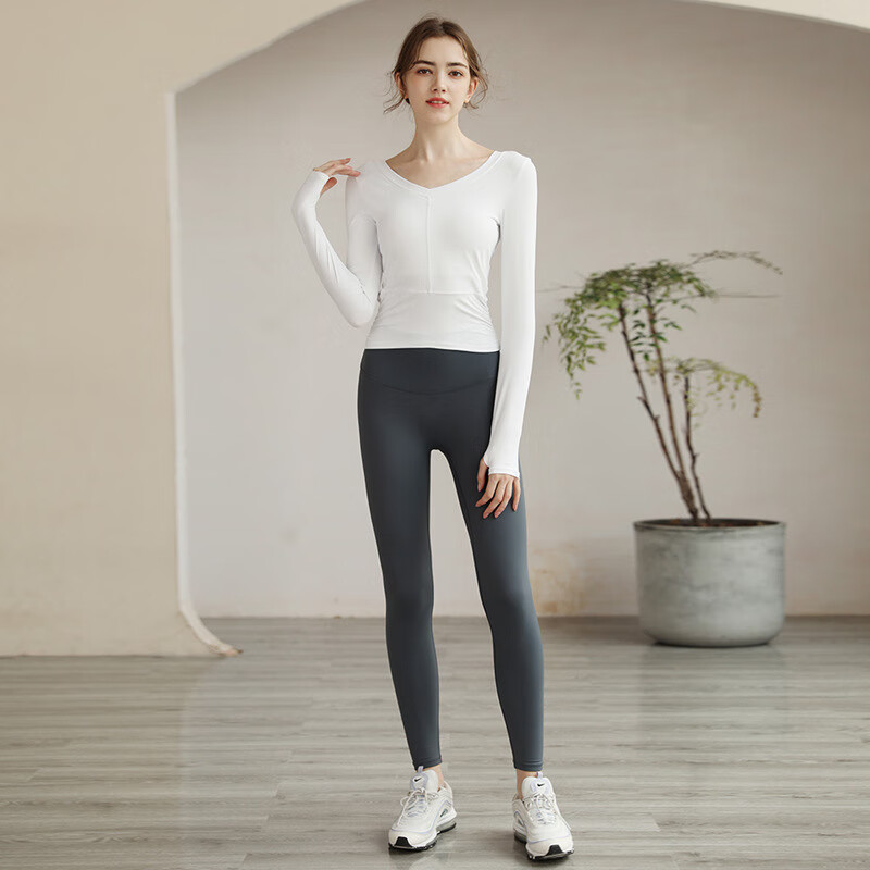 必在IuℕIu 新品  瑜伽服套装秋冬2022新款洋气高感紧身带胸垫运动健身套装 白色+灰蓝色 S