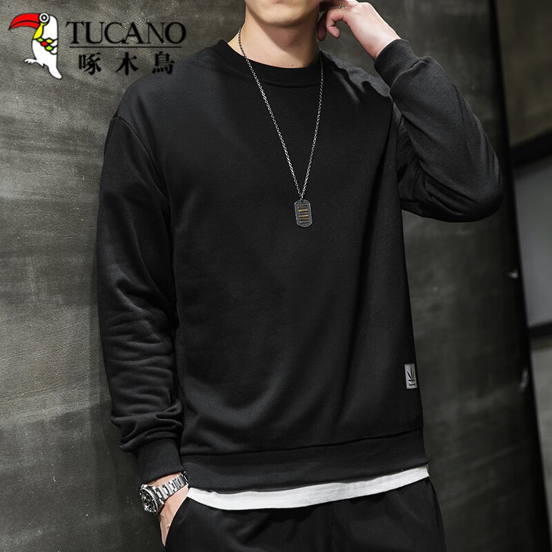 啄木鸟（TUCANO）卫衣男2020秋季薄款韩版潮流纯色圆领宽松长袖T恤男装 黑色 XL