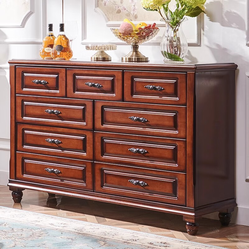 柜经典仿古做旧客厅卧室多功能储物柜橡胶木实木组合柜 九斗柜板栗色