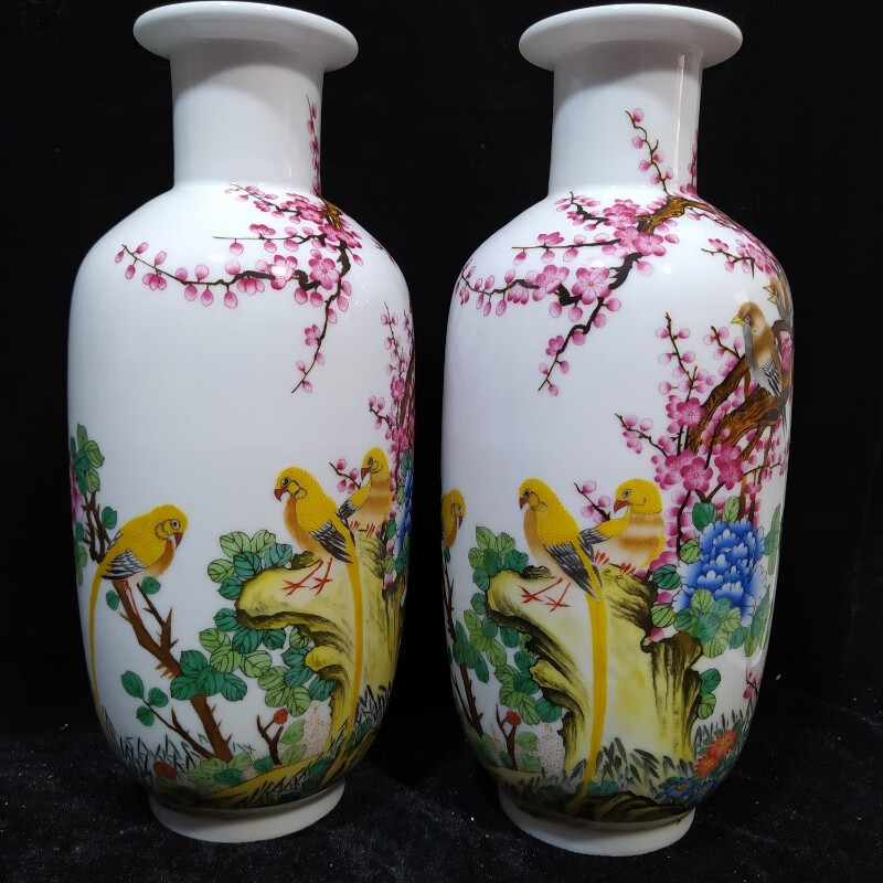 古玩收藏景德镇567厂货瓷器釉中彩7501毛瓷手绘粉彩花鸟瓶摆件