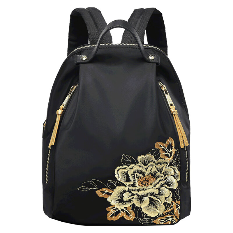 PmSix新中式牡丹绣花女包大容量双肩包中年妈妈包老年背包婆婆旅行布包 黑色-牡丹花刺绣-送礼品袋