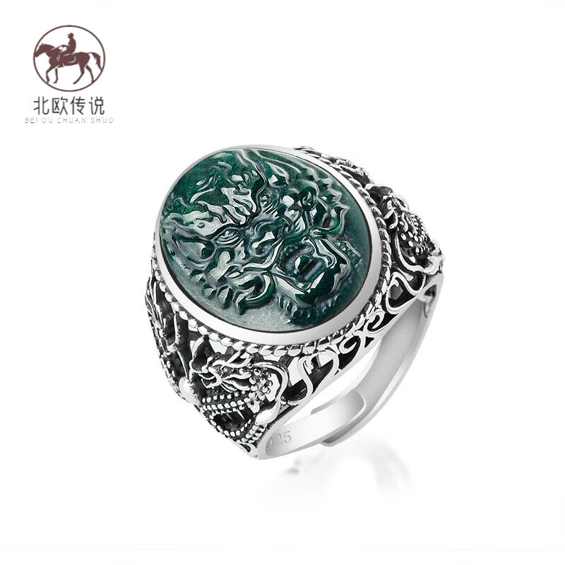 北欧传说s925银泰银镶天然墨翠a货翡翠龙头戒指玉石复古指环男款可