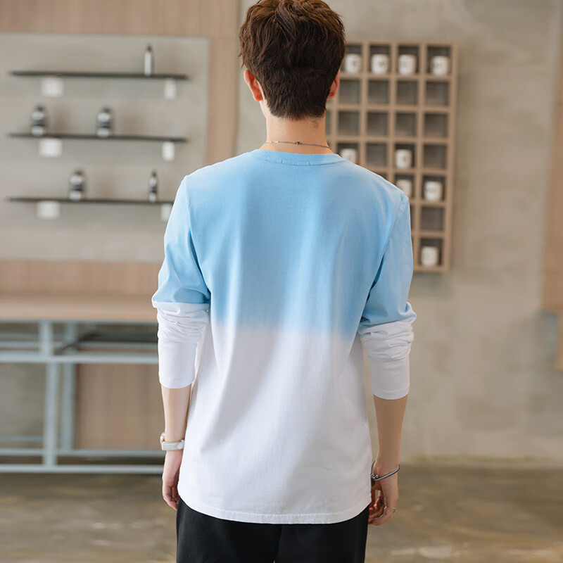 TEEK渐变长袖t恤男装春秋款上衣服 秋冬季男士秋装体恤休闲印花打底衫 JAC68B蓝白色 L