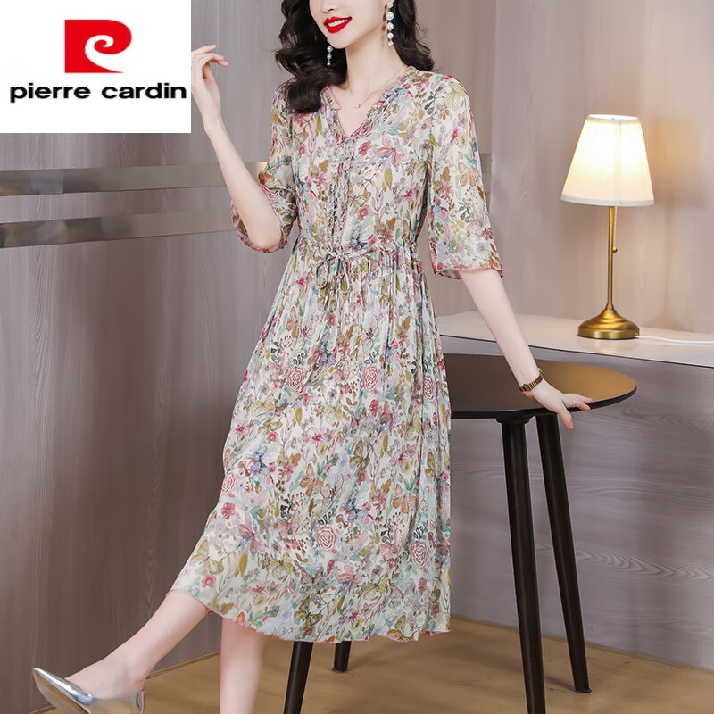 皮尔卡丹（pierre cardin）真丝连衣裙女夏装2025年新款气质洋气桑蚕丝碎花度假长款裙子高档 7077花色 XL 115-125斤
