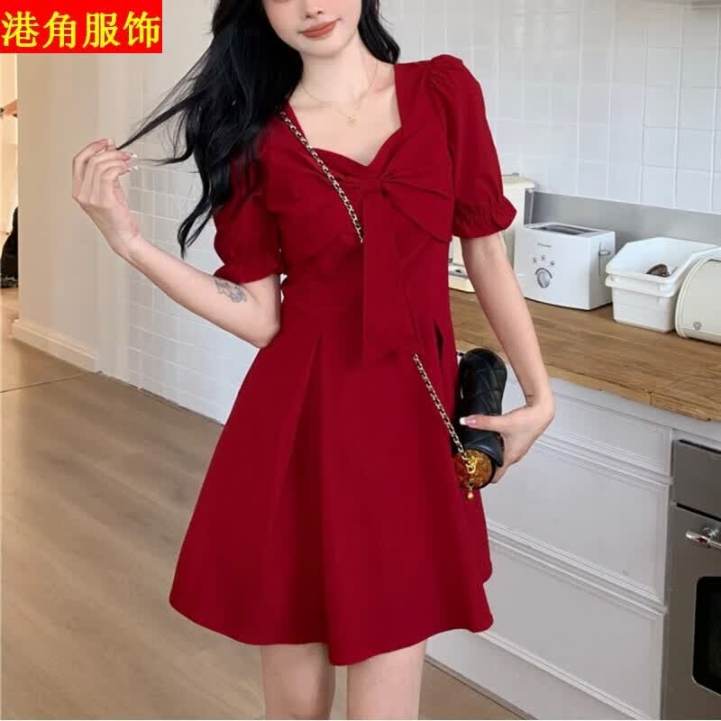 格瑞择微胖mm领证小红裙登记法式平时可穿裙子敬酒礼服订婚连衣裙女夏季 红色(定制精品) XL码(建议120-140斤)法式复古怎么看?