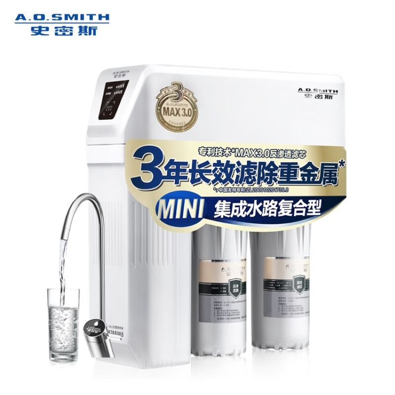 史密斯(A.O.Smith)家用净水器 有效滤除病毒及重金属 1.6升/分钟 无桶大流量 净水机 1600M 家电