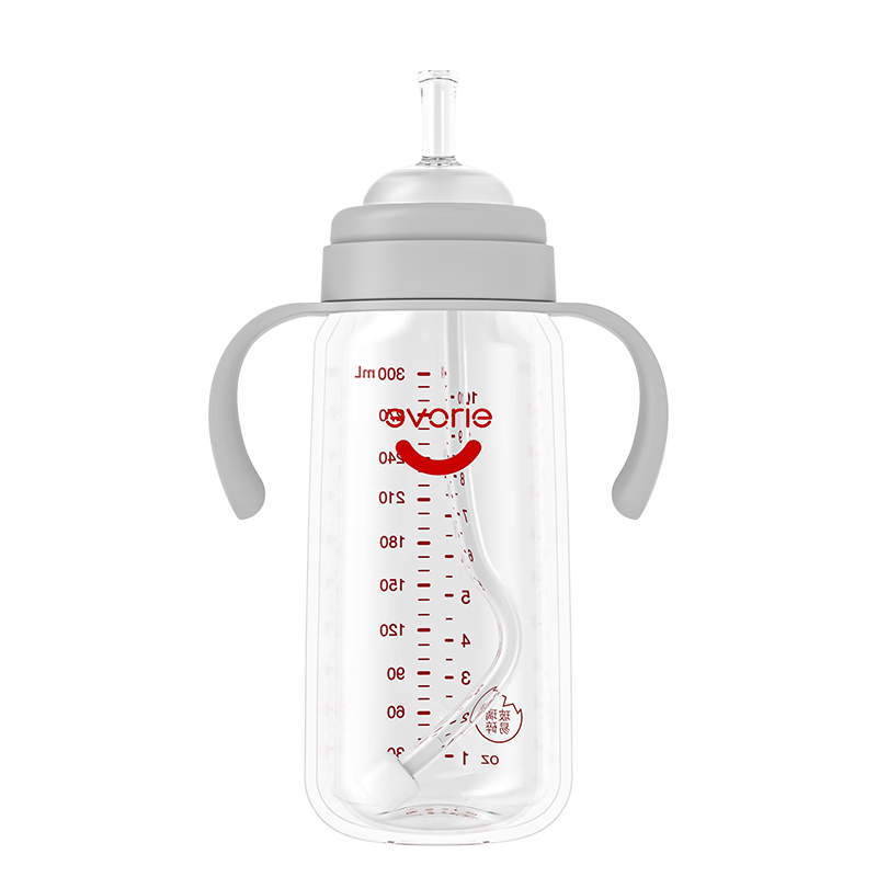 evorie 爱得利 吸管奶瓶 大宝宝一岁以上玻璃婴儿奶瓶300ml带手柄重力球